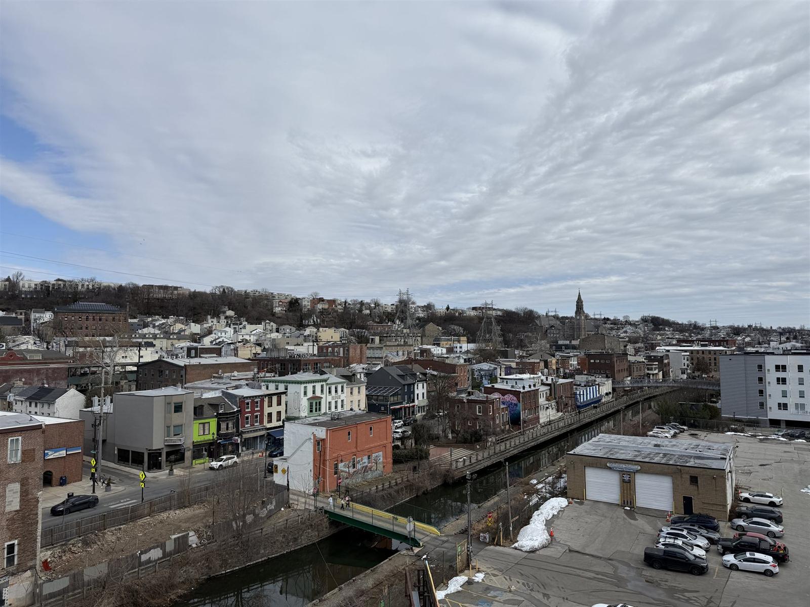 Aerial view of Manayunk neighborhood, Main Street rooftops, and the Schuylkill Canal